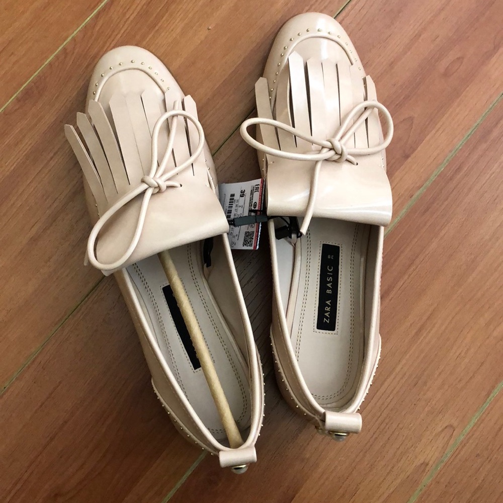NEW Zara Women Beige Flat Loafers With Bow Details
